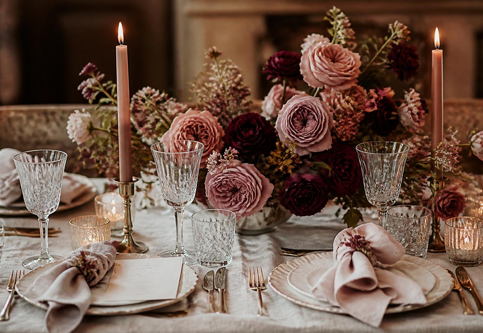 Bespoke floral composition and candlelit table styling for a private evening for two in Dubai