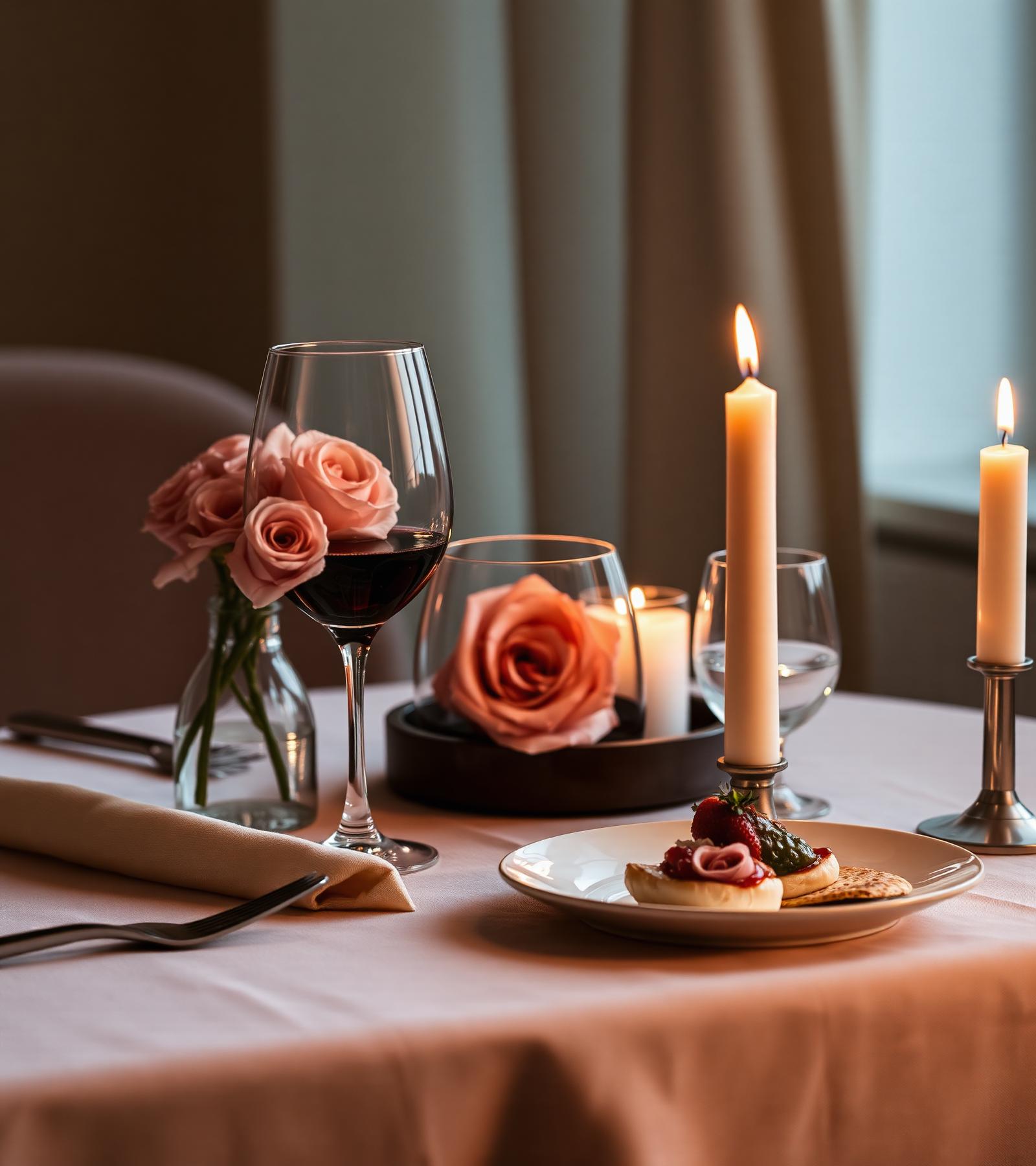 Date night dinner at home for two with candlelight and wine