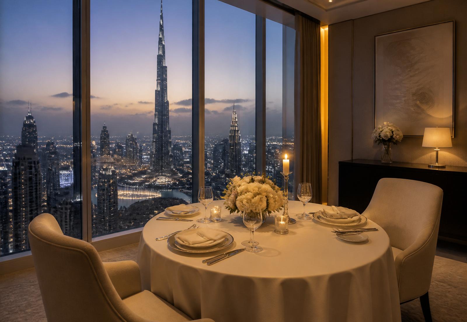 Private candlelit dinner for two with Burj Khalifa view from a Dubai residence